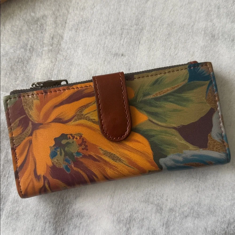 Patricia Nash NAZARI Leather Bifold Wallet Floral Marigold Harvest Blue Brown